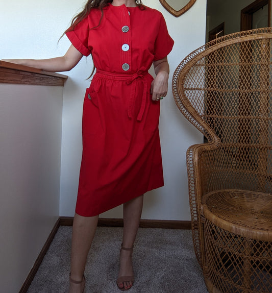 1980s Red Cotton Blend Dress Dress Rad Bonnie's Vintage