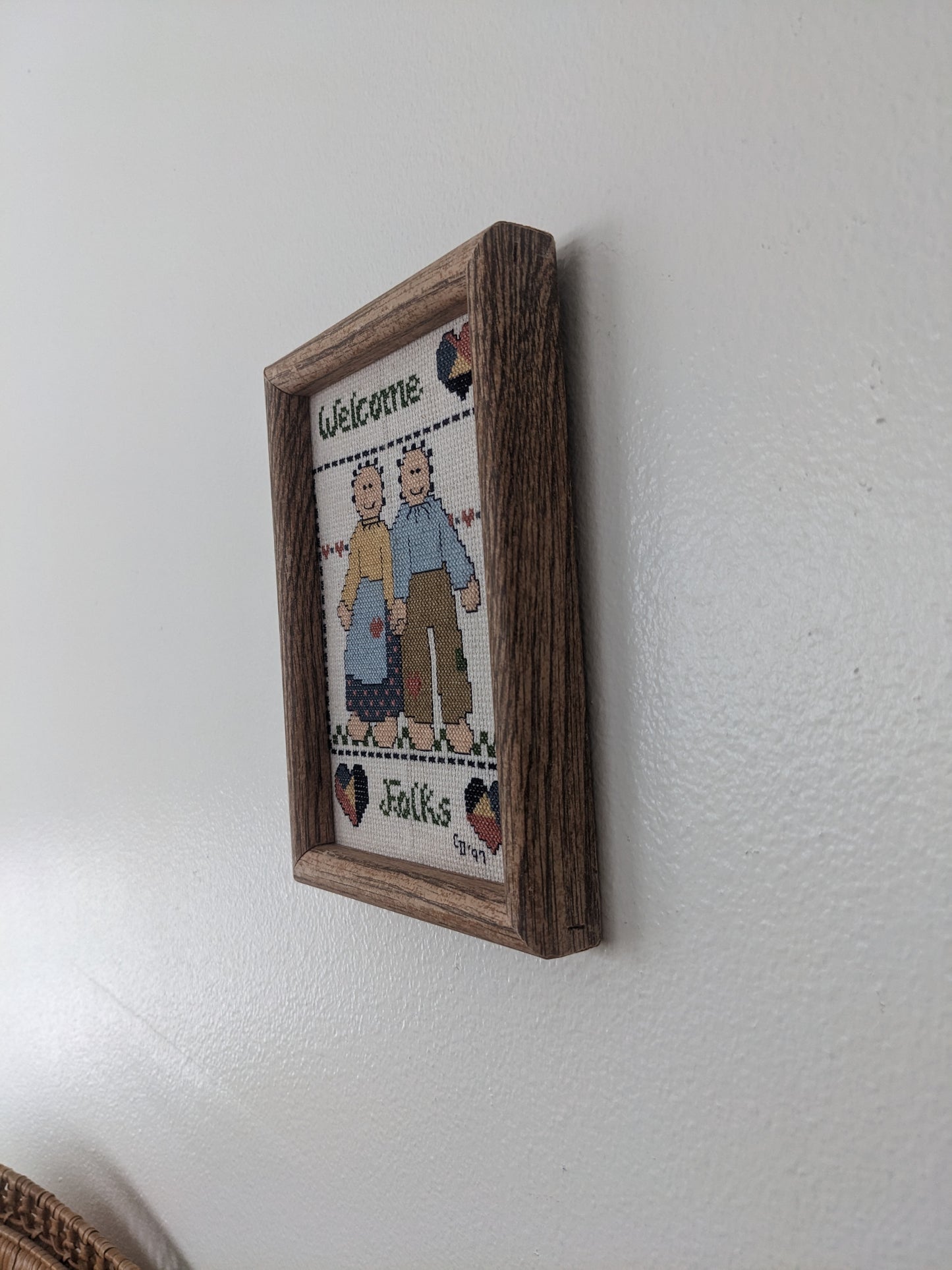 1990's "Welcome folks" cross stitch couple wall art