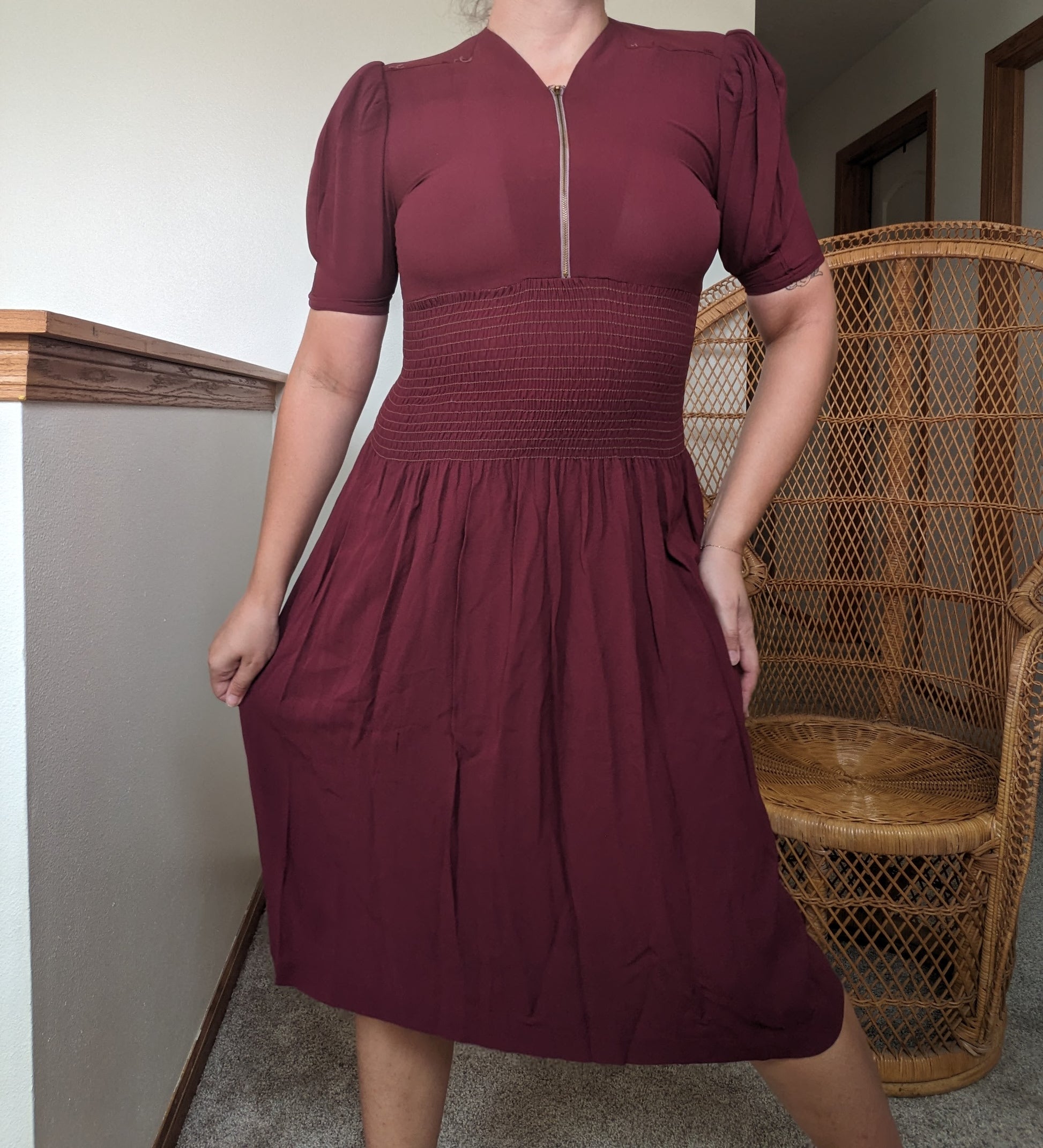 1930s merlot shirred dress Dress Rad Bonnie's Vintage