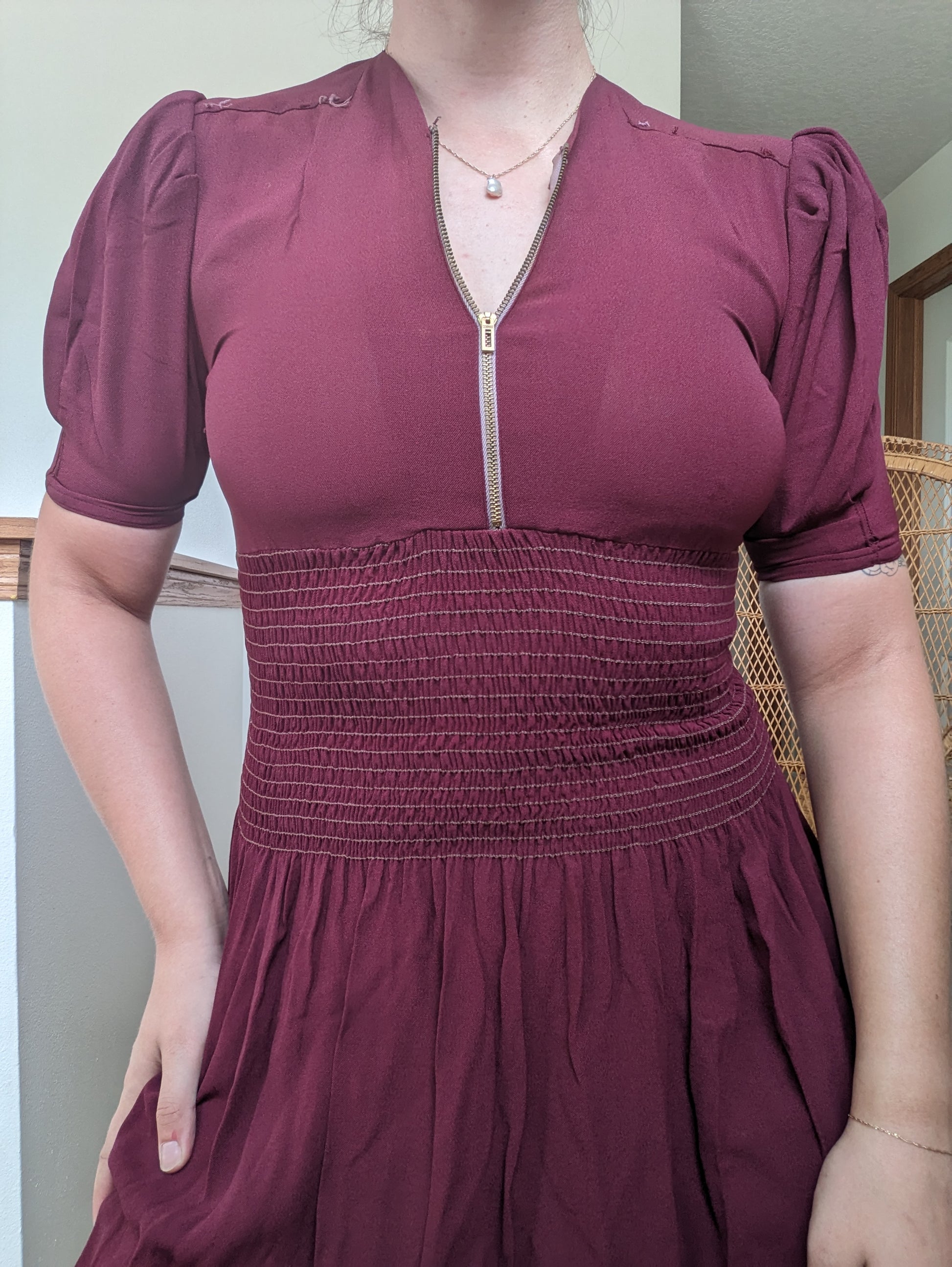 1930s merlot shirred dress Dress Rad Bonnie's Vintage
