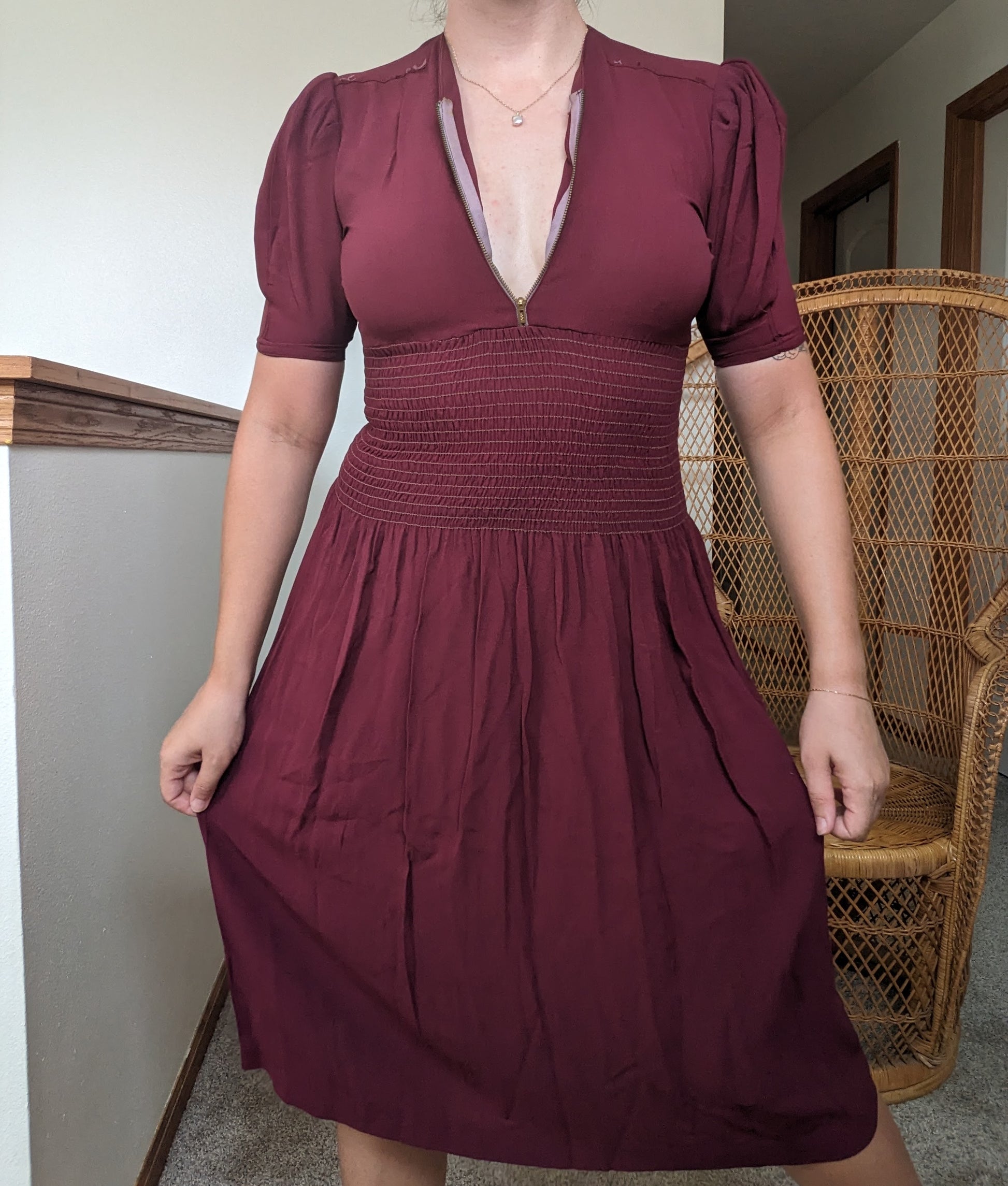 1930s merlot shirred dress Dress Rad Bonnie's Vintage