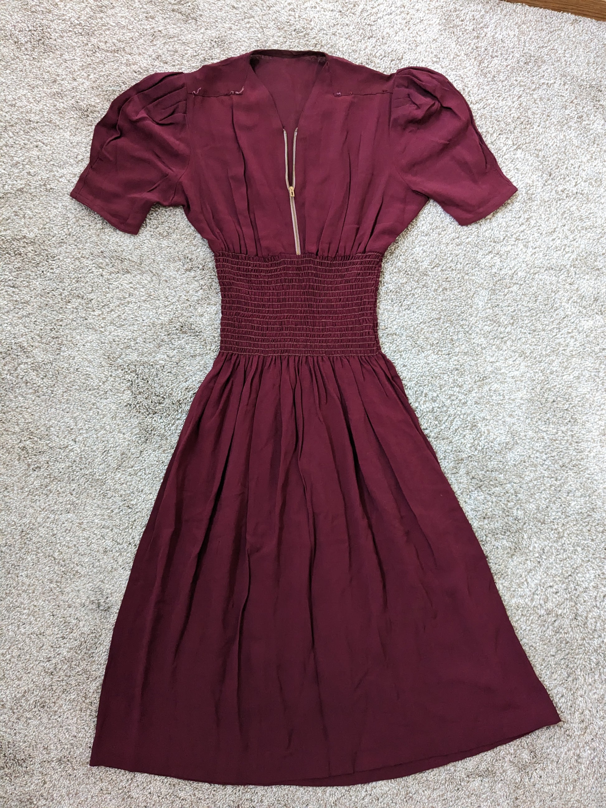 1930s merlot shirred dress Dress Rad Bonnie's Vintage