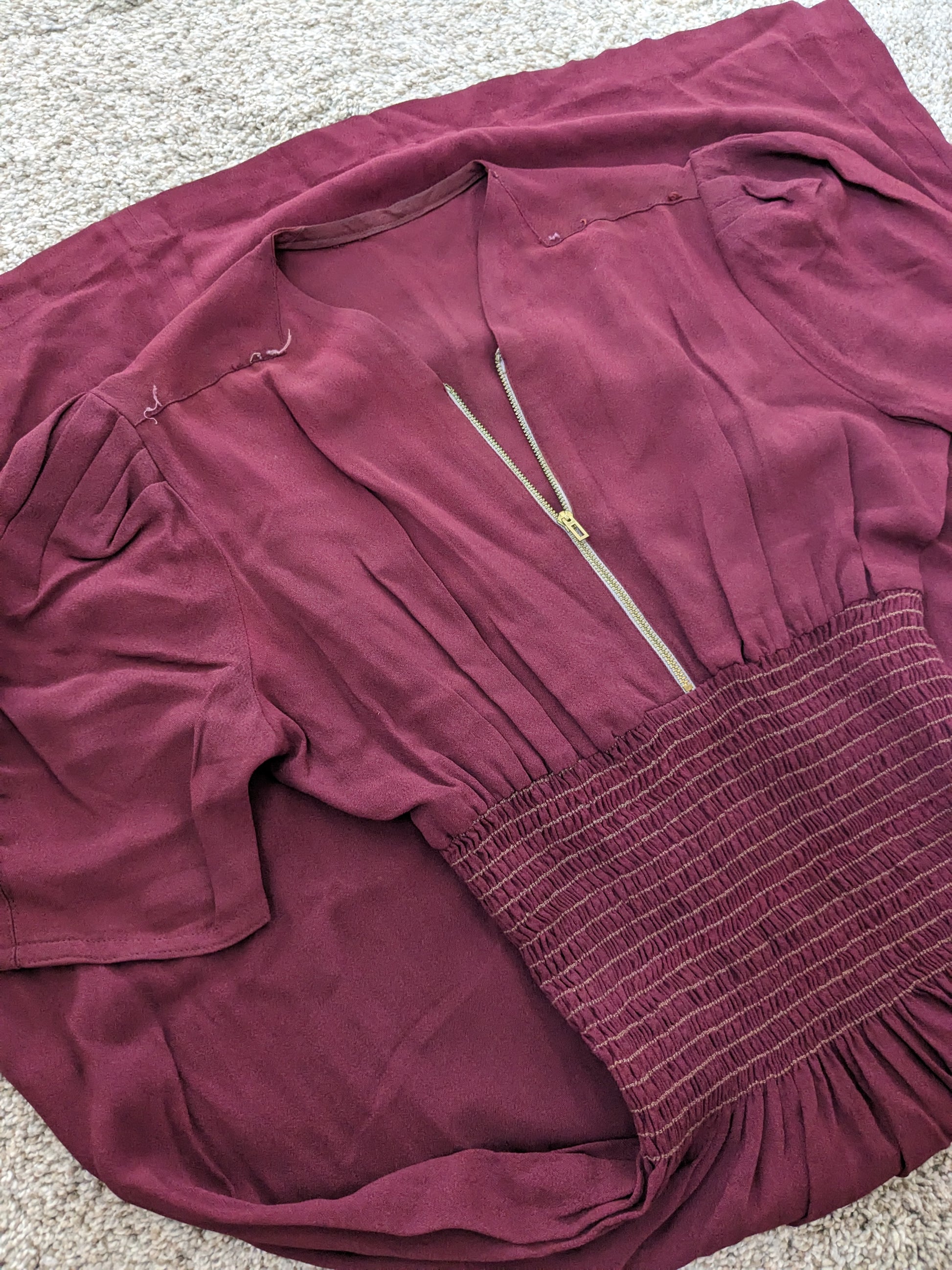 1930s merlot shirred dress Dress Rad Bonnie's Vintage