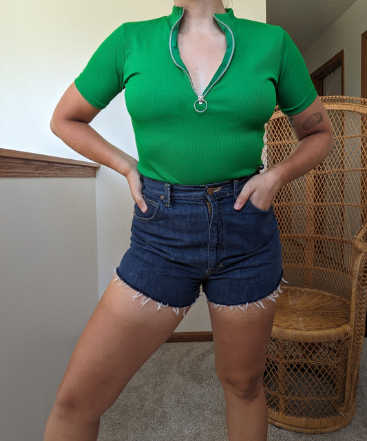 1970s kelly green o-ring zipper top Shirt Rad Bonnie's Vintage