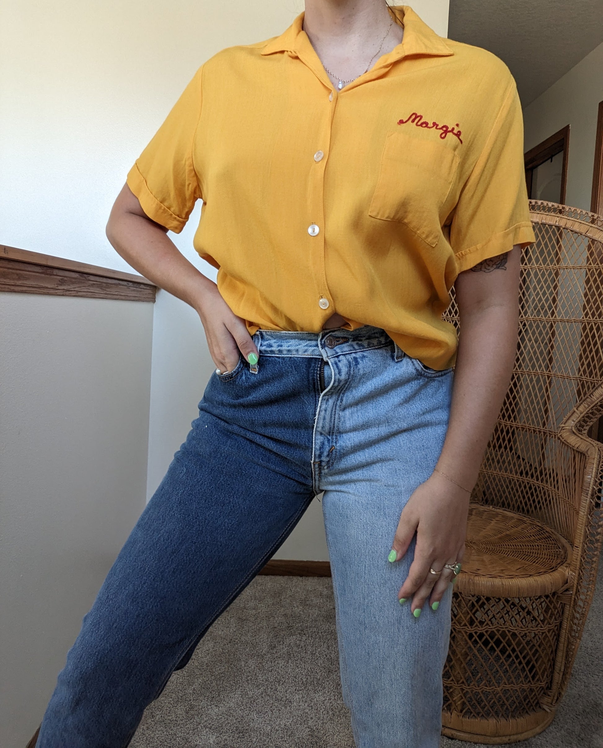 1950s goldenrod chain stitch bowling shirt Top Rad Bonnie's Vintage