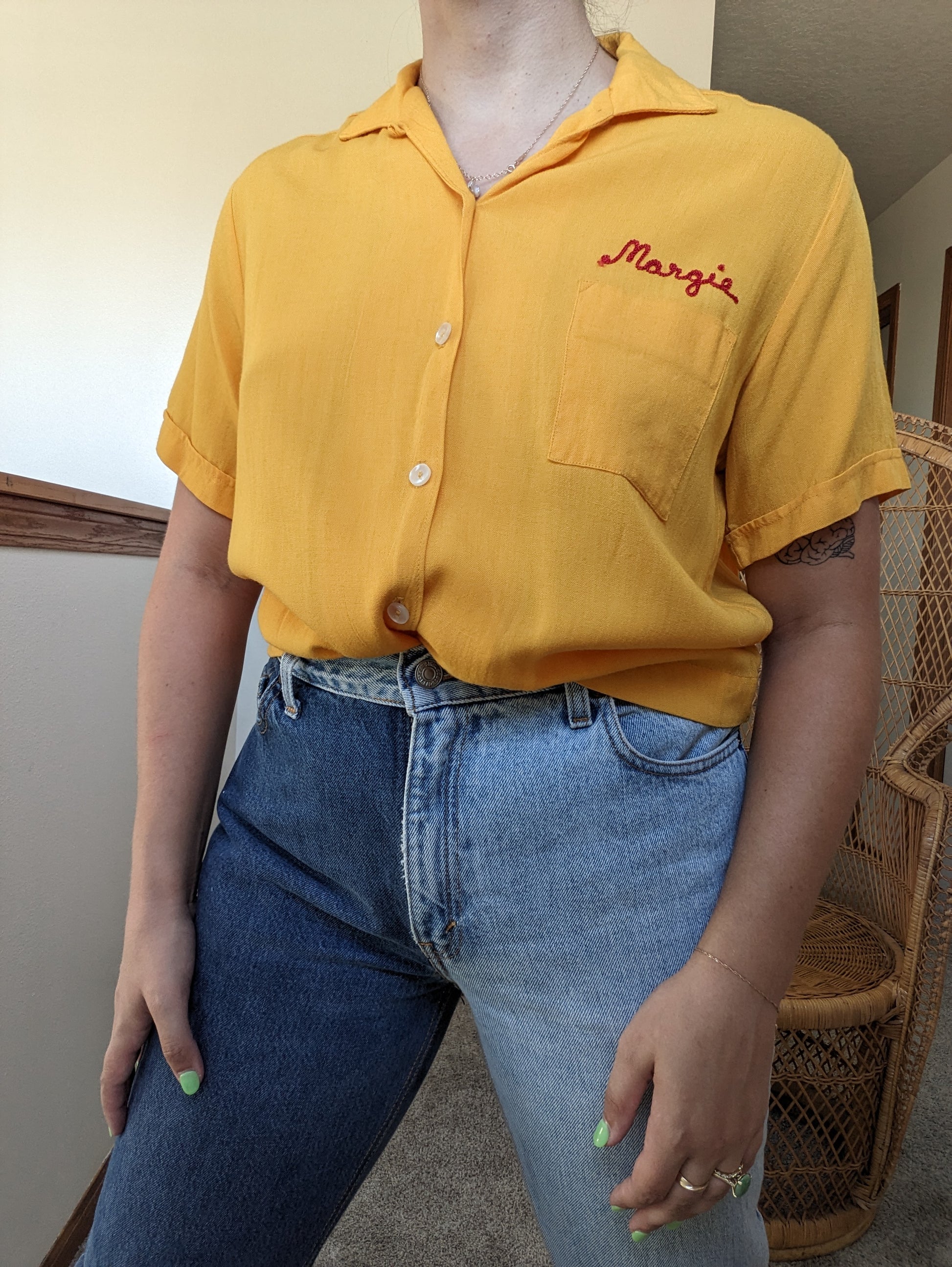 1950s goldenrod chain stitch bowling shirt Top Rad Bonnie's Vintage