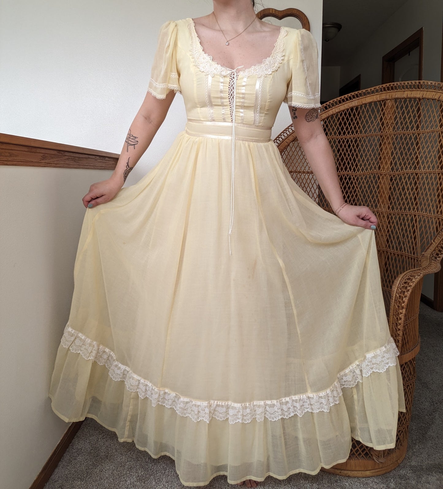 1970s pastel yellow prairie dress