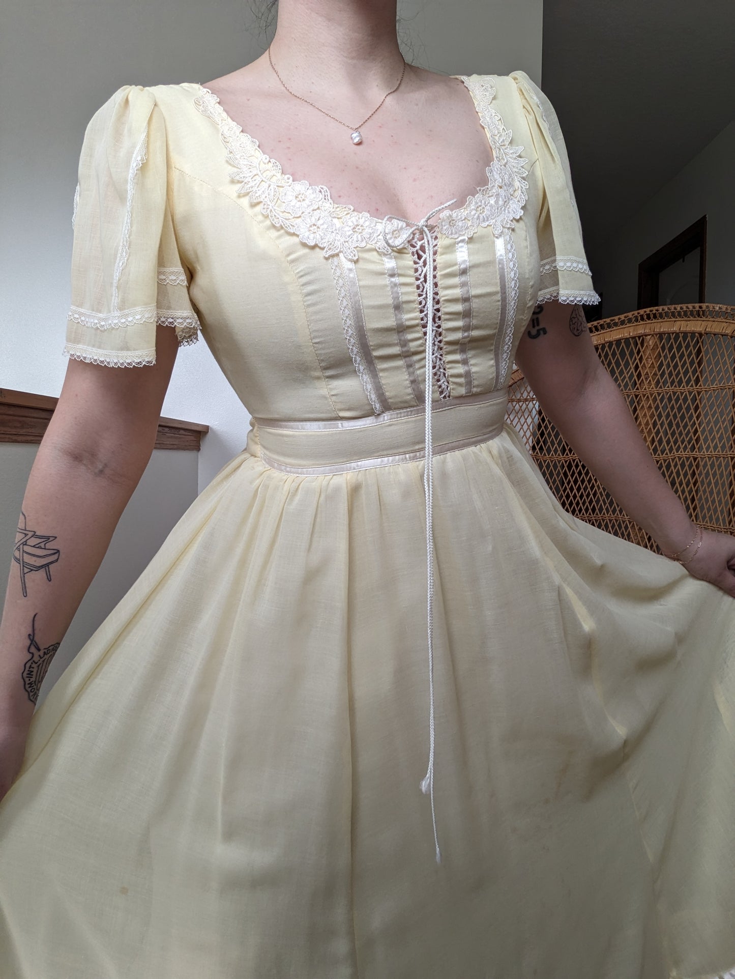 1970s pastel yellow prairie dress