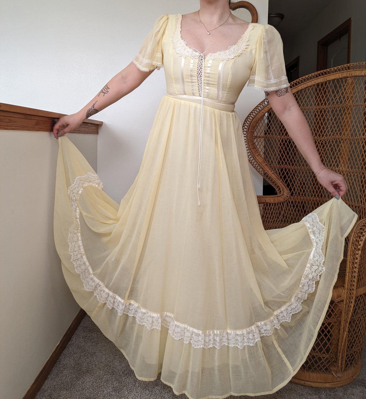 1970s pastel yellow prairie dress