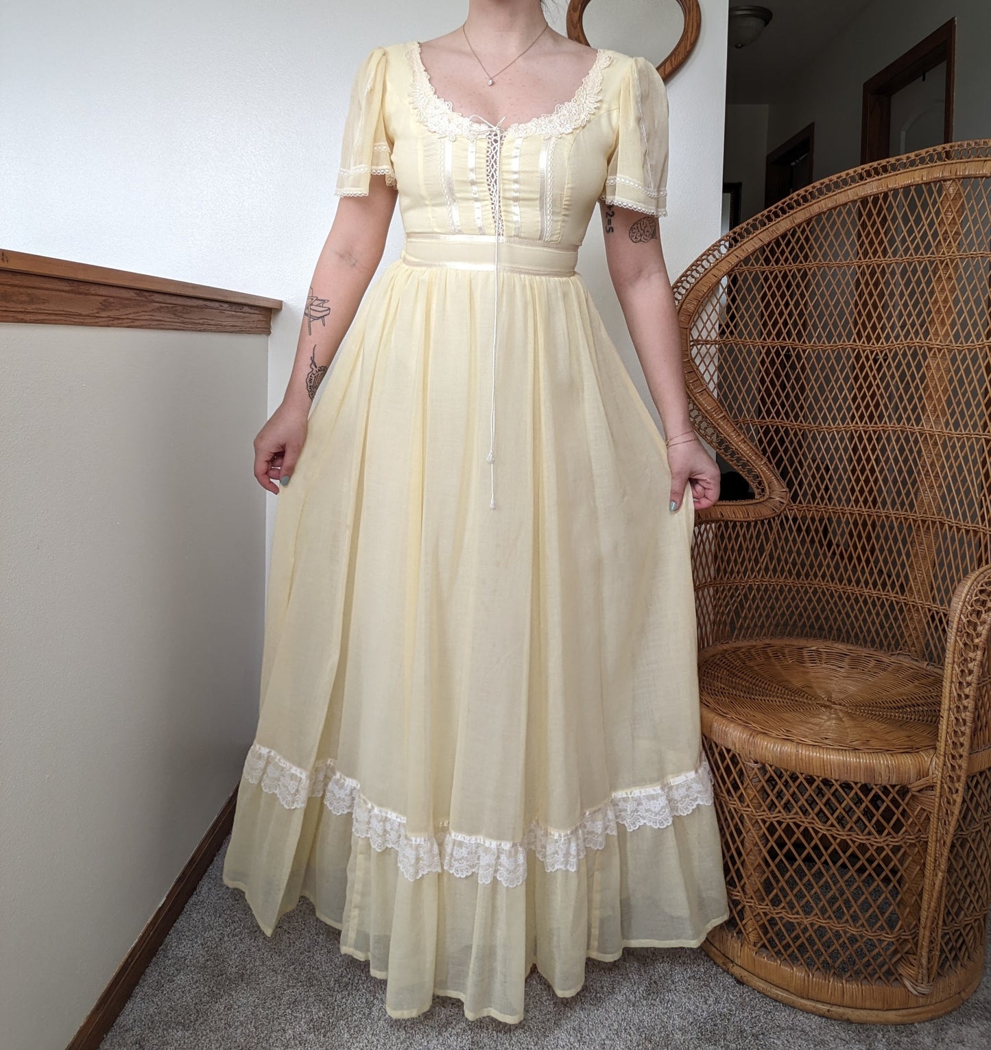 1970s pastel yellow prairie dress