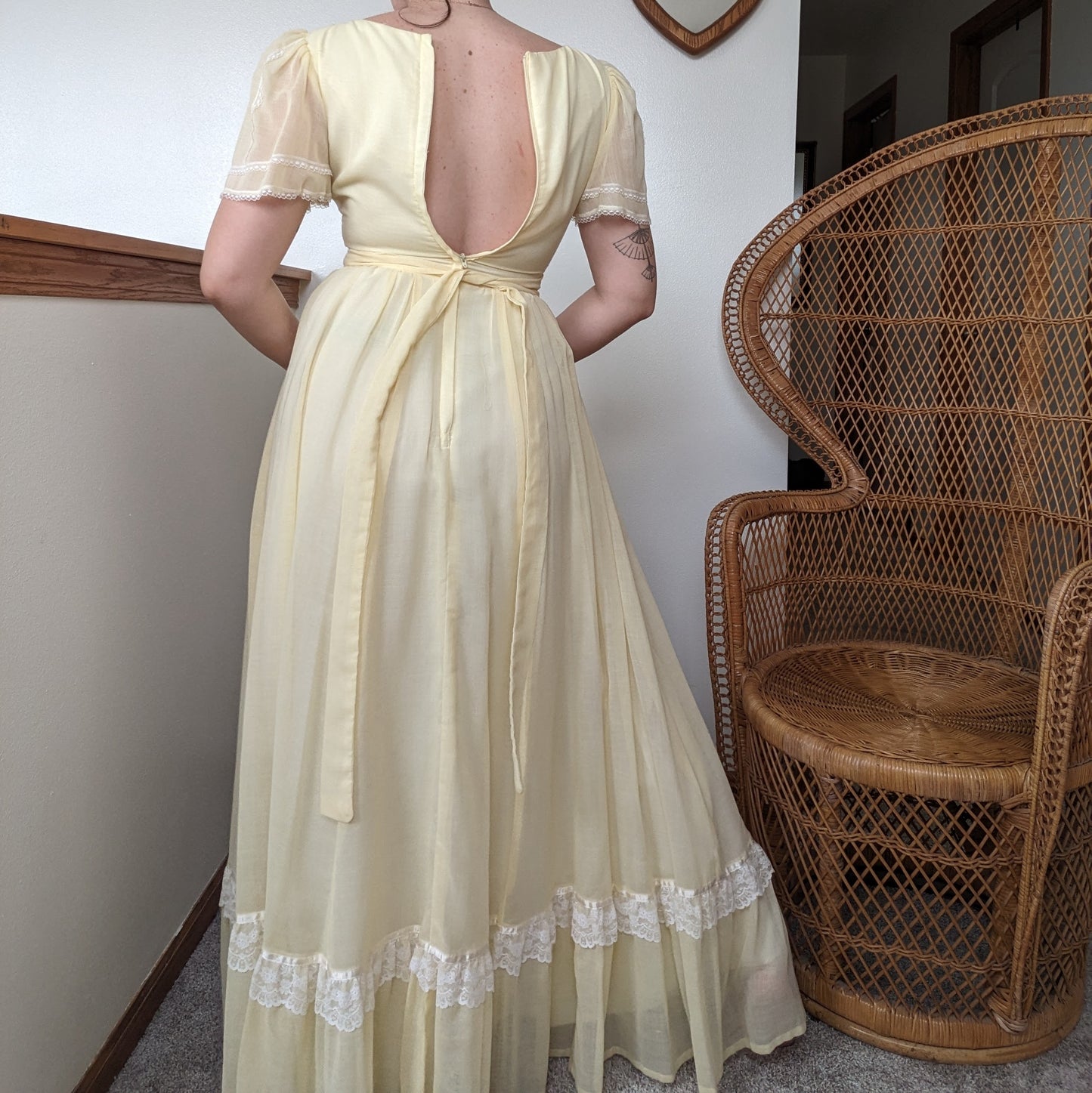 1970s pastel yellow prairie dress