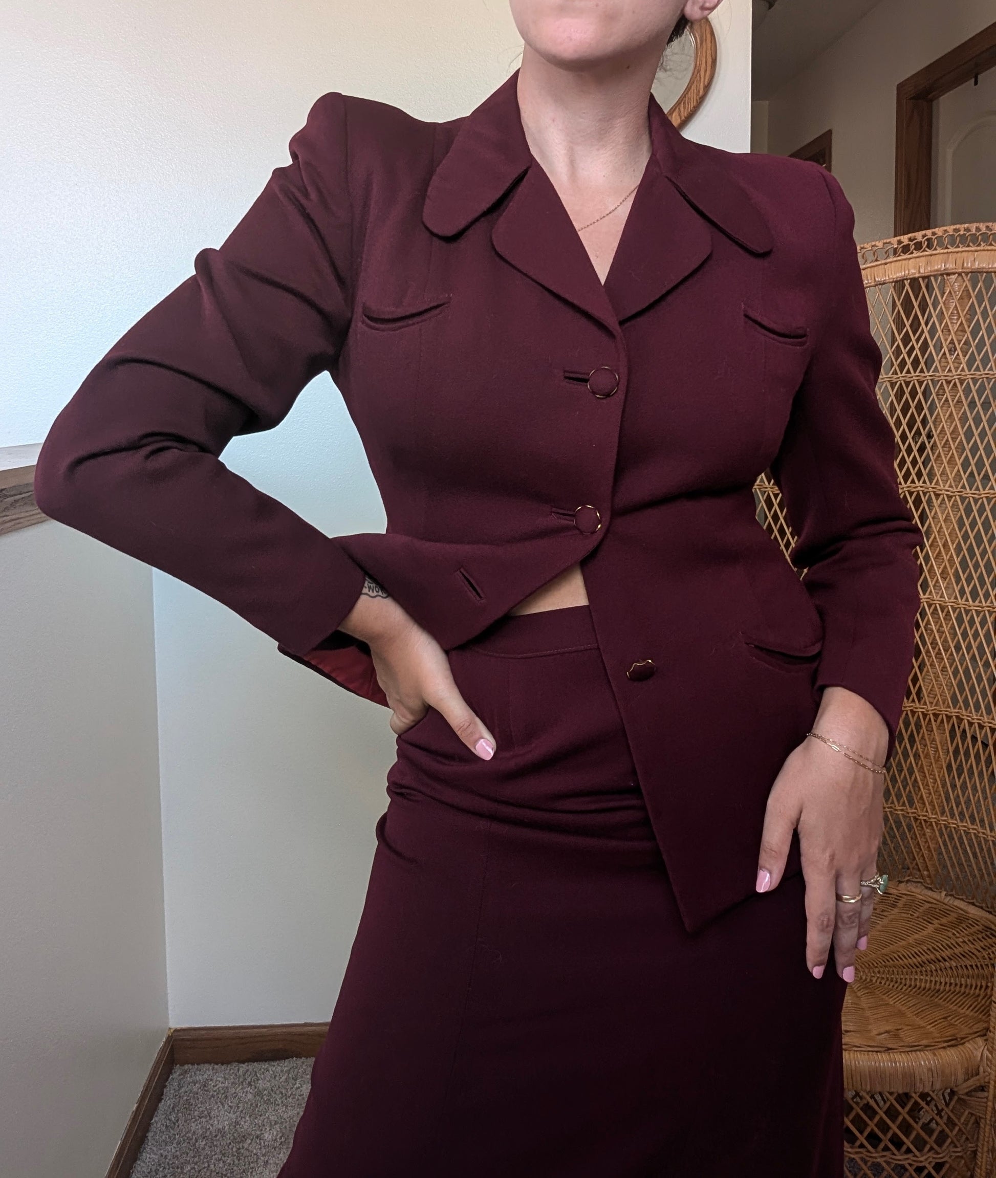 1940s burgundy skirt suit Suit Rad Bonnie's Vintage