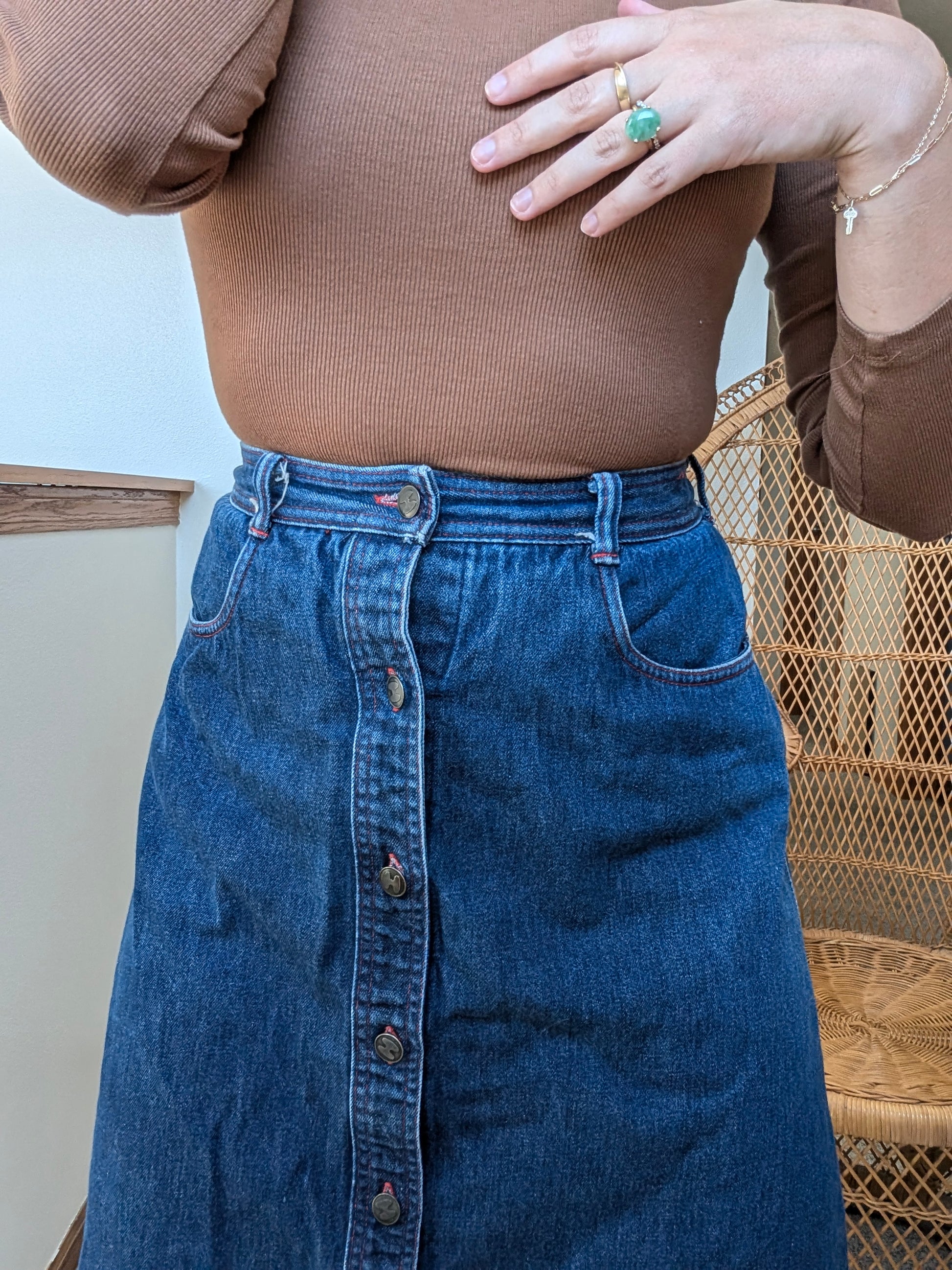 1980s Halston denim midi skirt Skirt Rad Bonnie's Vintage