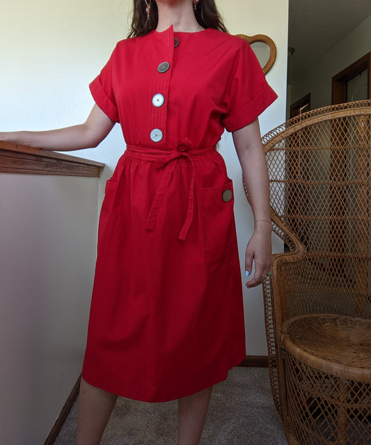 1980s Red Cotton Blend Dress Dress Rad Bonnie's Vintage