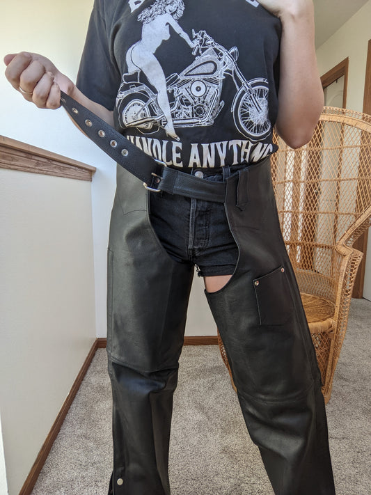 1990s Black Leater Motorcycle Chaps Chaps Rad Bonnie's Vintage