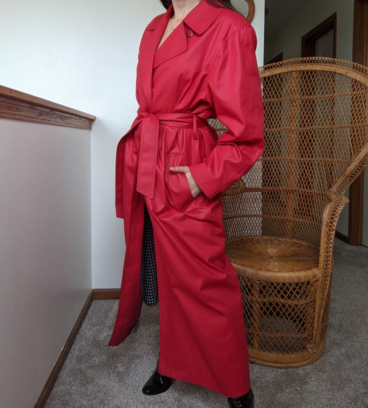 1980s Cherry Red London Fog Trench Coat with Gingham Lining Coat Rad Bonnie's Vintage