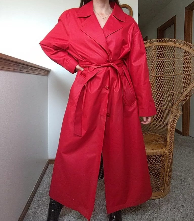 1980s Cherry Red London Fog Trench Coat with Gingham Lining
