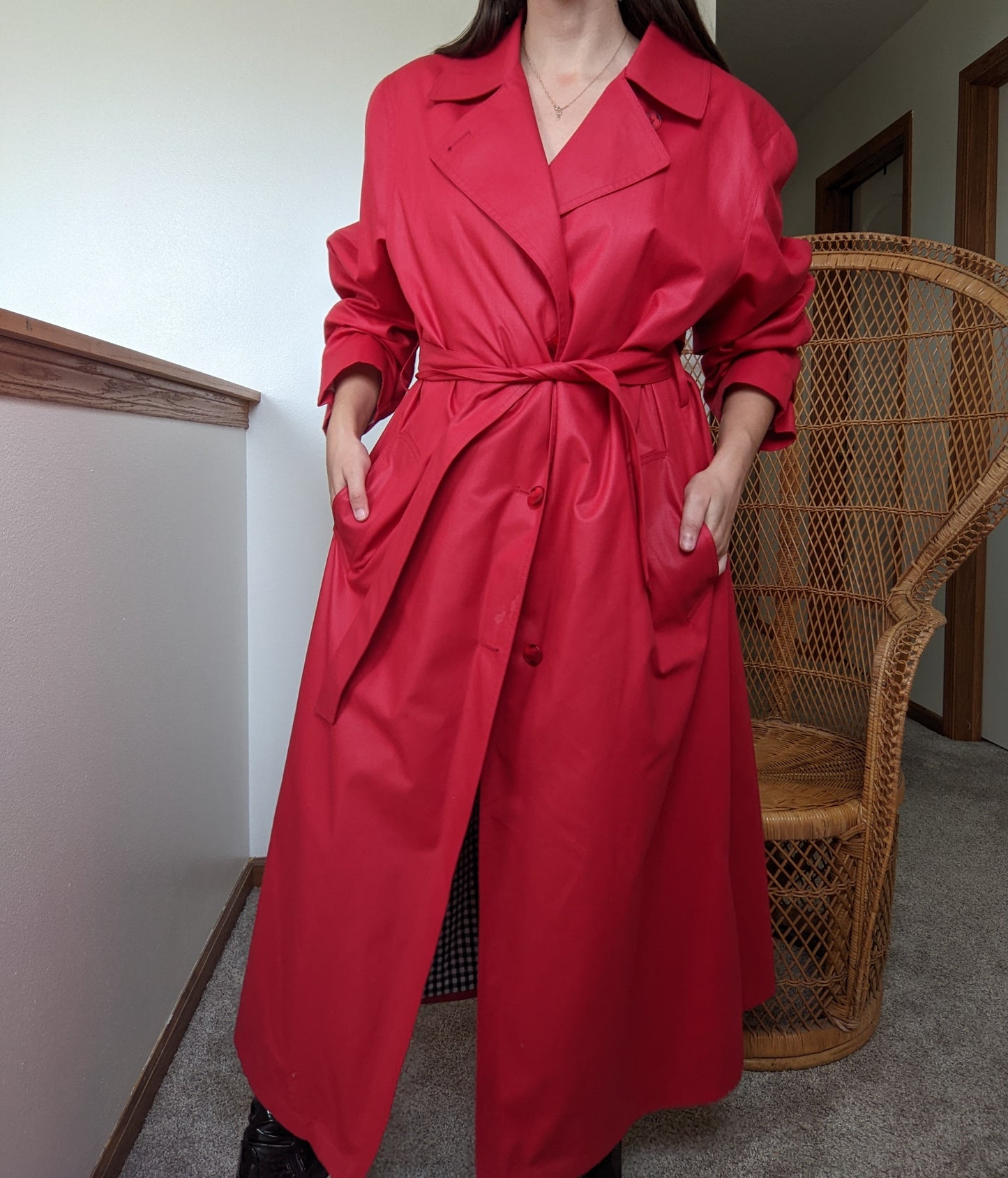 1980s Cherry Red London Fog Trench Coat with Gingham Lining