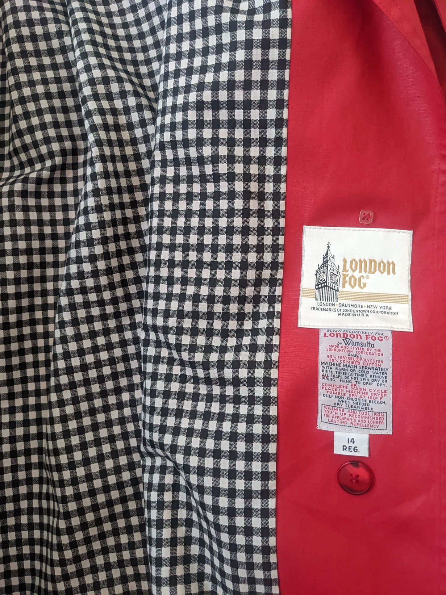 1980s Cherry Red London Fog Trench Coat with Gingham Lining