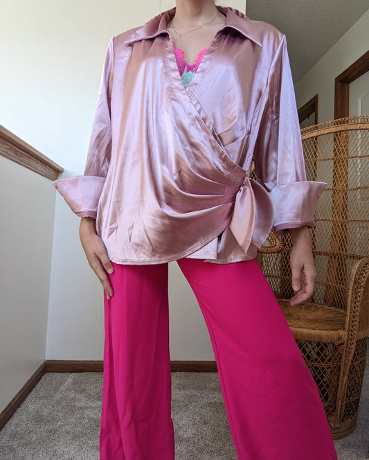 1980s Does 40s Satin-y Wrap Style Top Shirt Rad Bonnie's Vintage