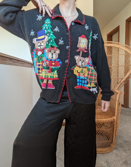 1980s Caroling Bear Holiday Cardigan Cardigan Rad Bonnie's Vintage