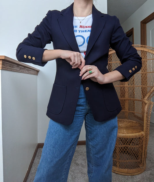 1970s Wool Blend Navy Blazer Jacket Rad Bonnie's Vintage