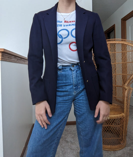 1970s Wool Blend Navy Blazer Jacket Rad Bonnie's Vintage