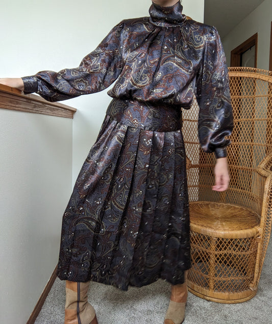 1980s Liquid Paisley Satin 2-Piece Set Rad Bonnie's Vintage