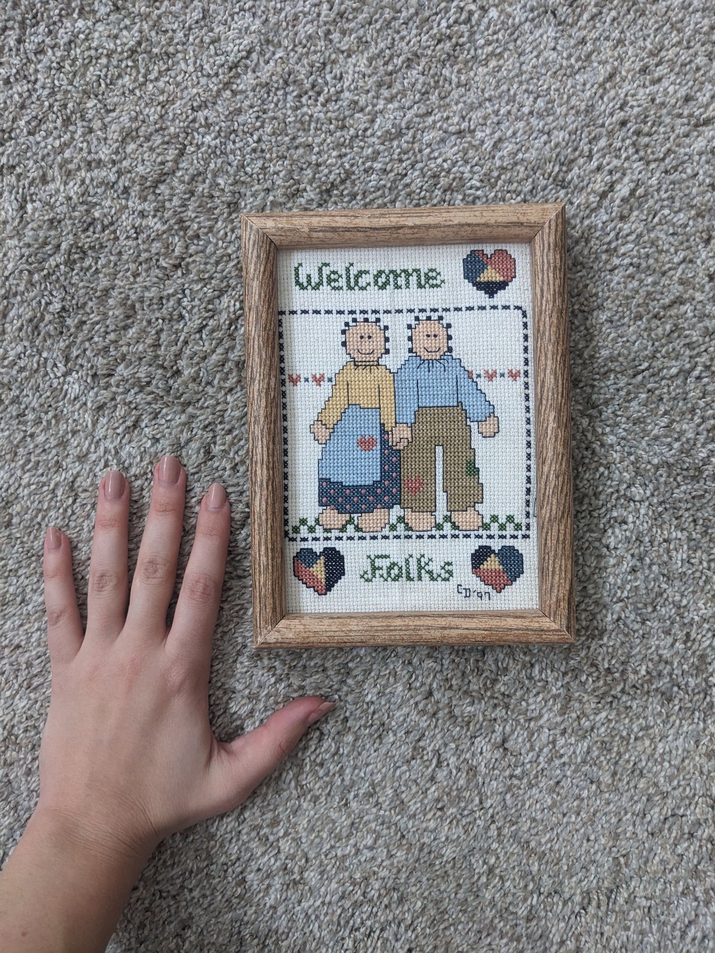 1990's "Welcome folks" cross stitch couple wall art