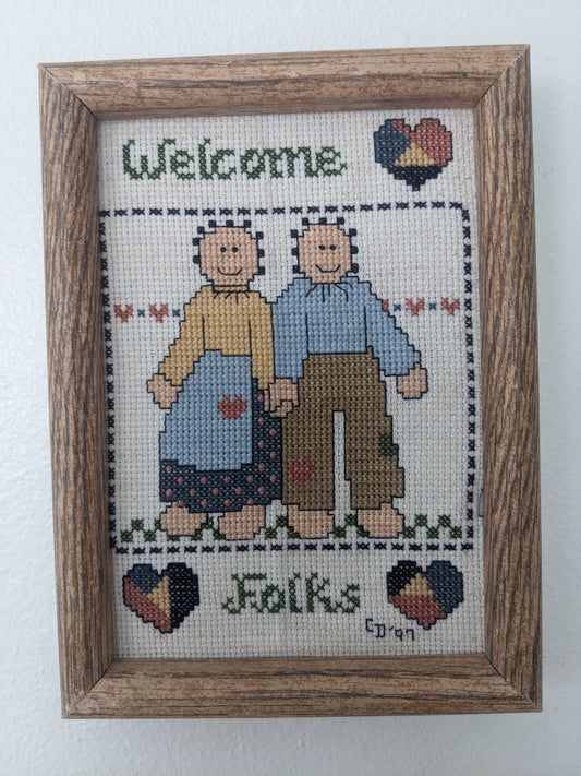 1990's "Welcome folks" cross stitch couple wall art Decor Rad Bonnie's Vintage