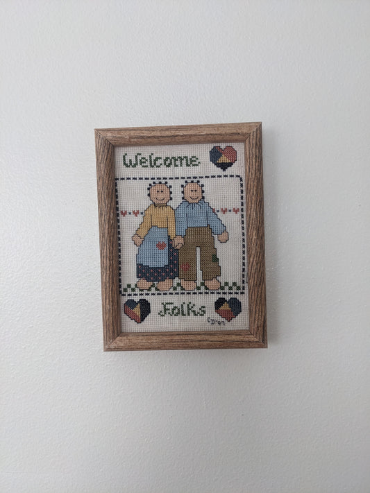 1990's "Welcome folks" cross stitch couple wall art Decor Rad Bonnie's Vintage