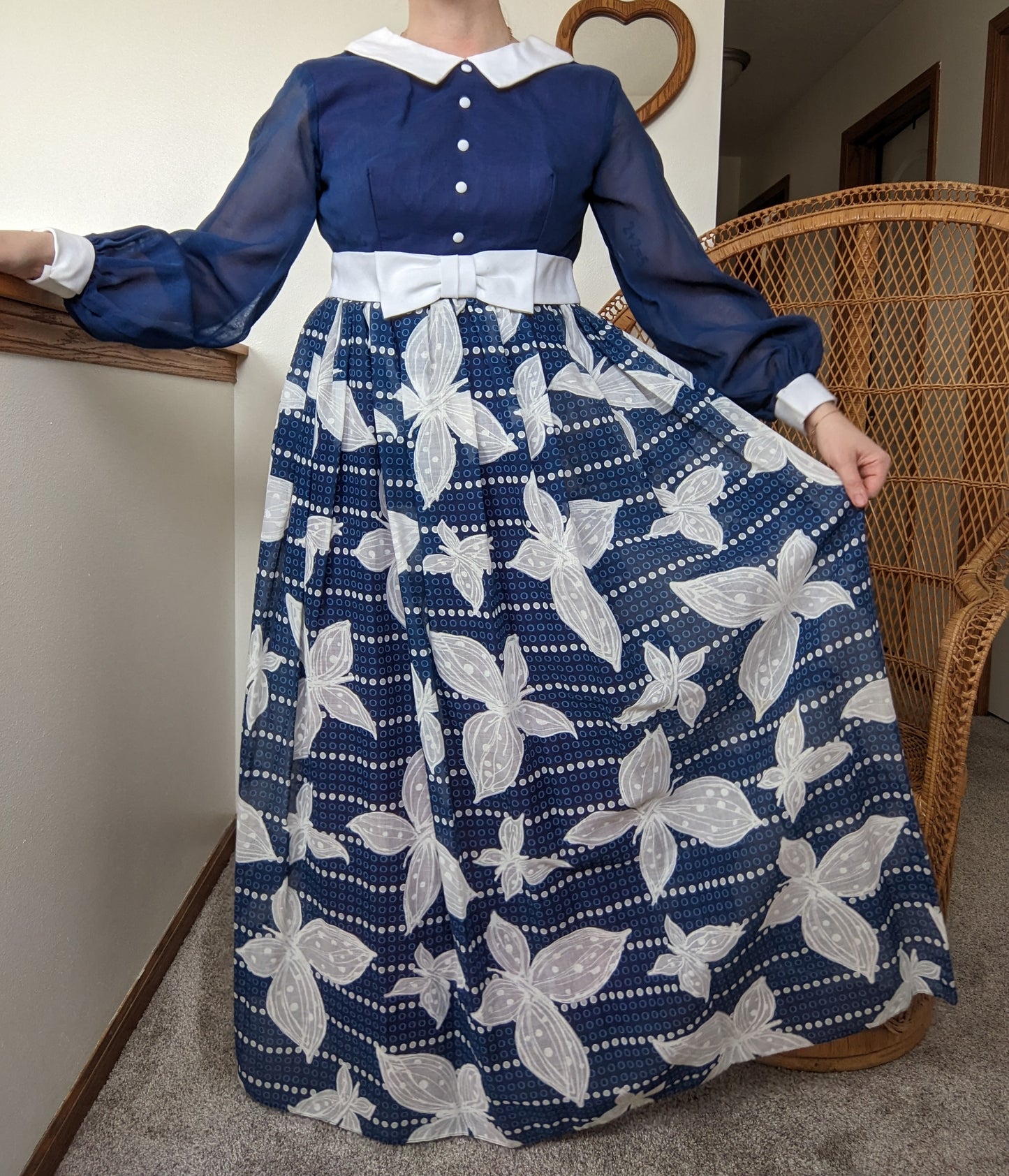 1960s navy butterfly maxi dress