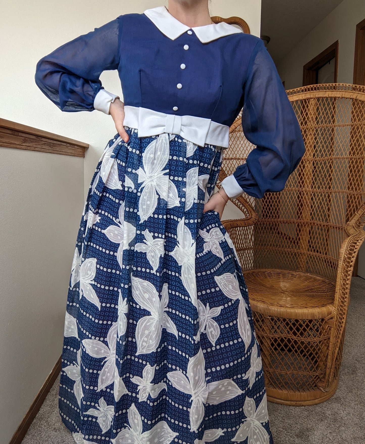 1960s navy butterfly maxi dress