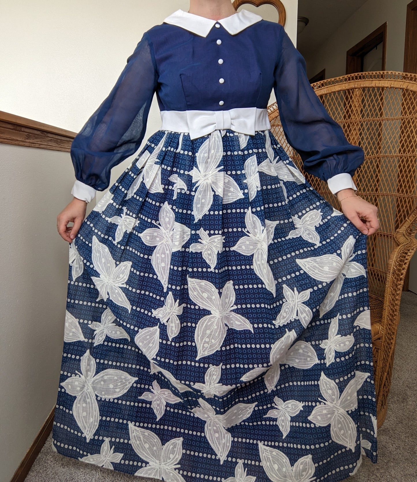 1960s navy butterfly maxi dress