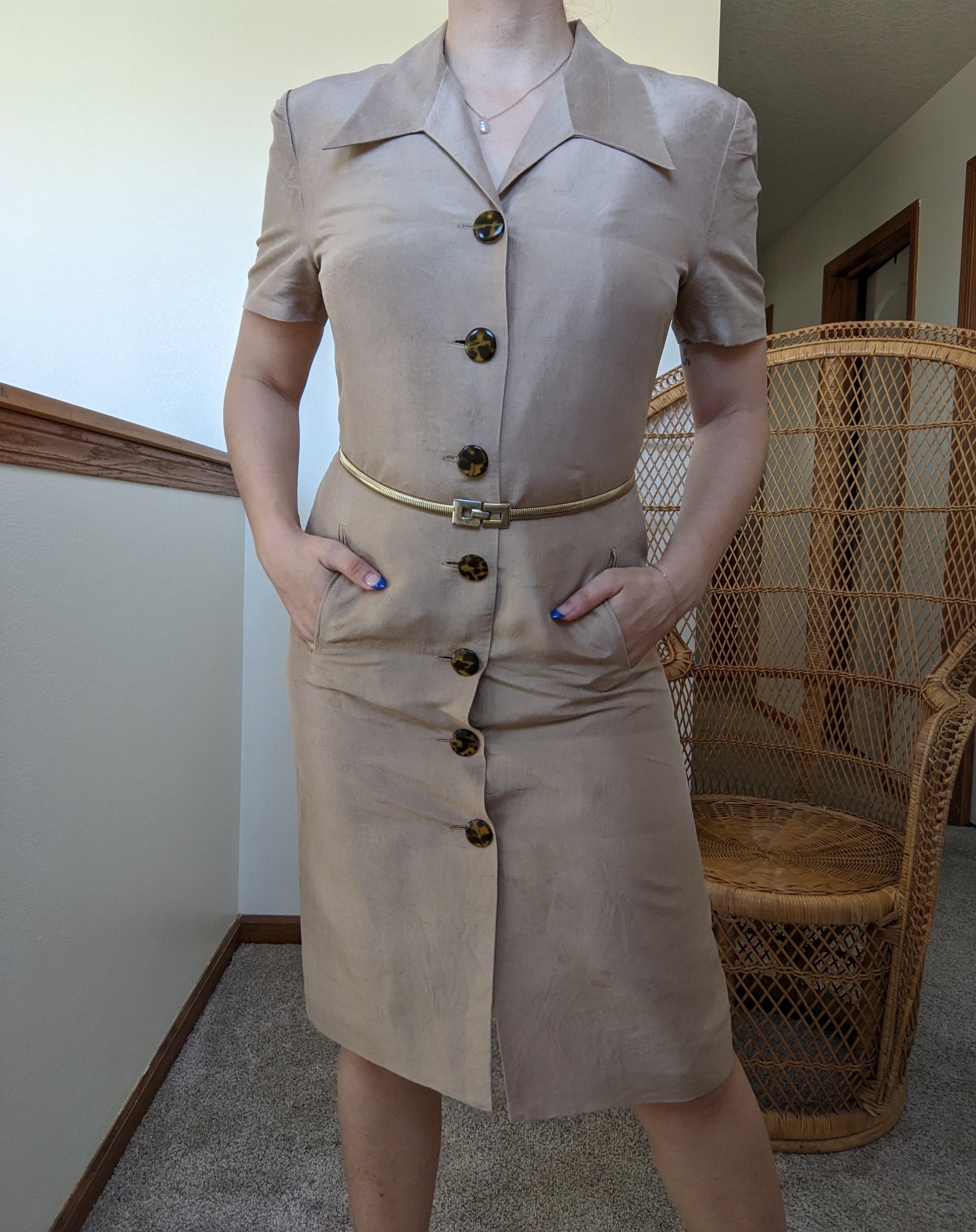 1990s silk safari dress with tortoise shell buttons Dress Rad Bonnie's Vintage