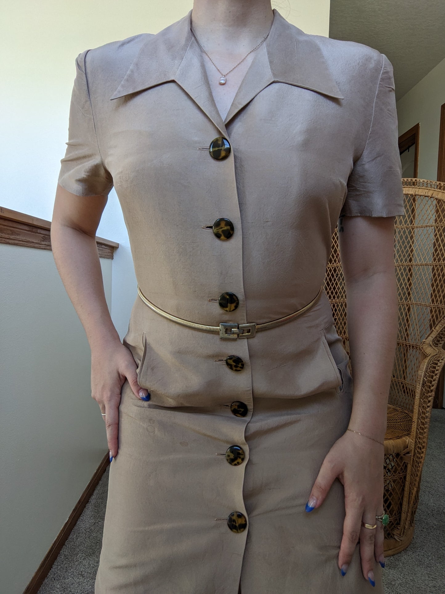 1990s silk safari dress with tortoise shell buttons Dress Rad Bonnie's Vintage