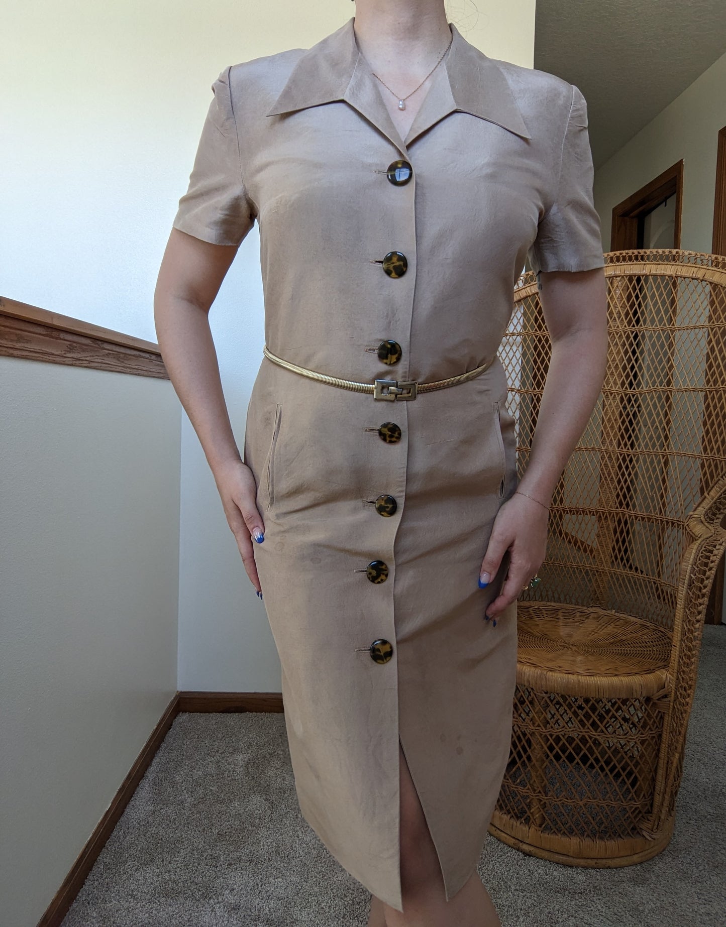 1990s silk safari dress with tortoise shell buttons Dress Rad Bonnie's Vintage