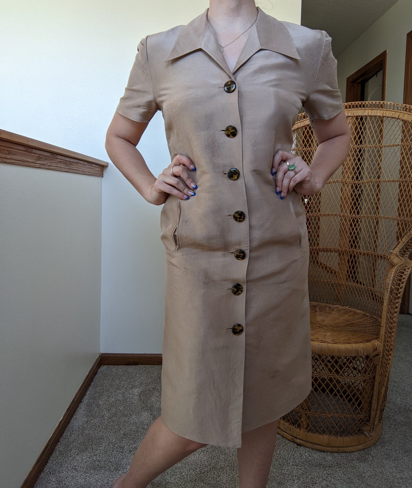 1990s silk safari dress with tortoise shell buttons Dress Rad Bonnie's Vintage