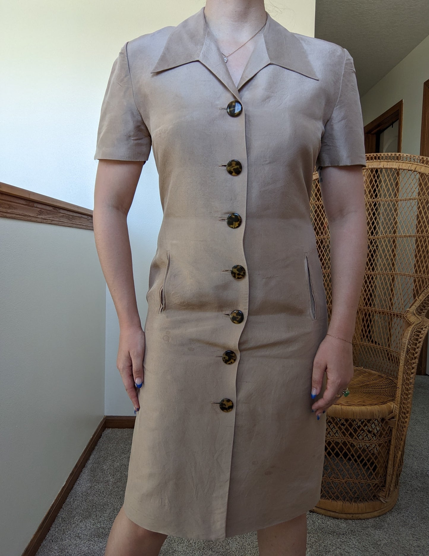 1990s silk safari dress with tortoise shell buttons Dress Rad Bonnie's Vintage