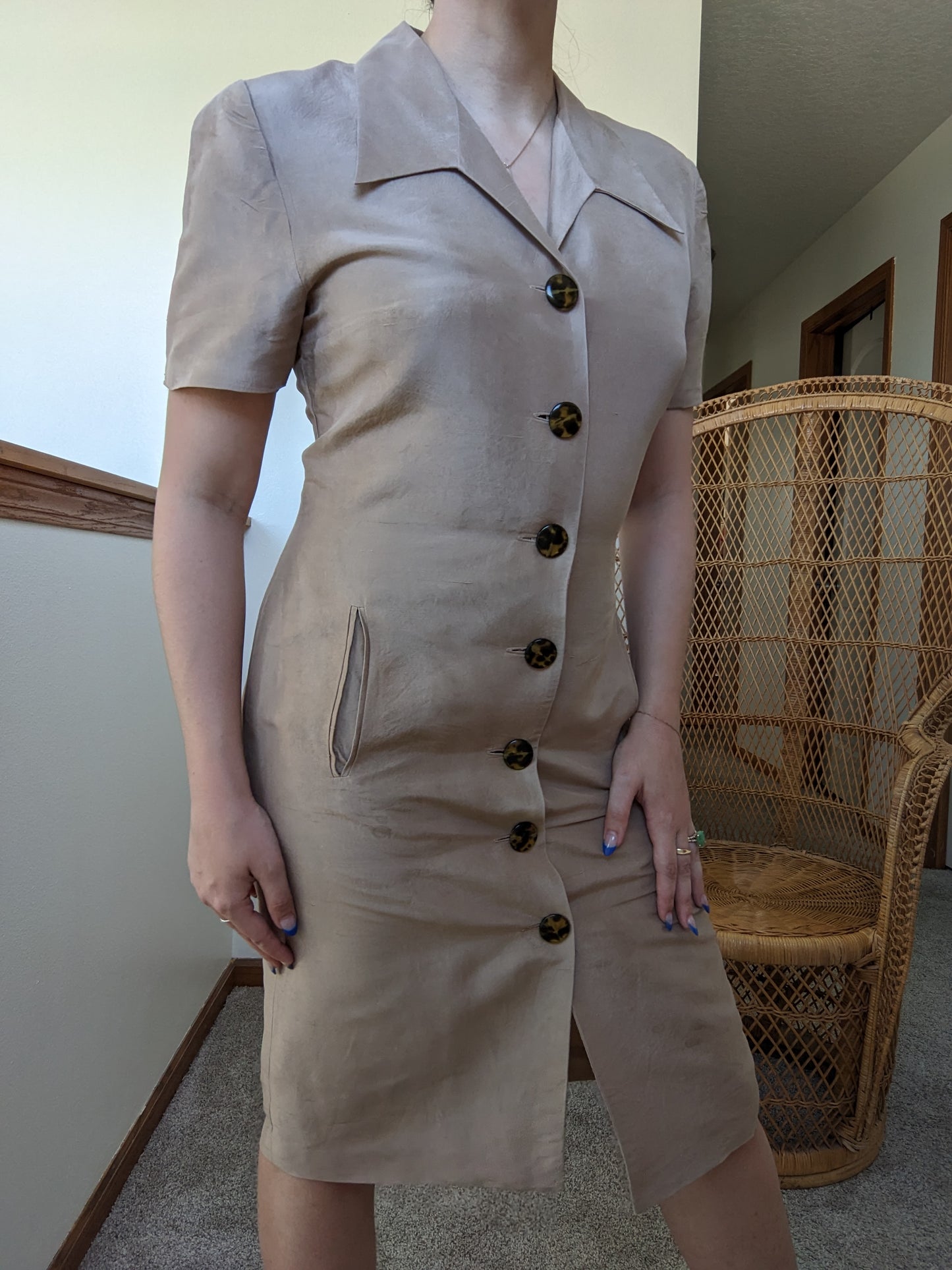 1990s silk safari dress with tortoise shell buttons Dress Rad Bonnie's Vintage