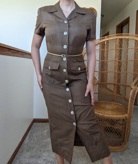 1980s/90s safari dress with mother of pearl buttons Dress Rad Bonnie's Vintage