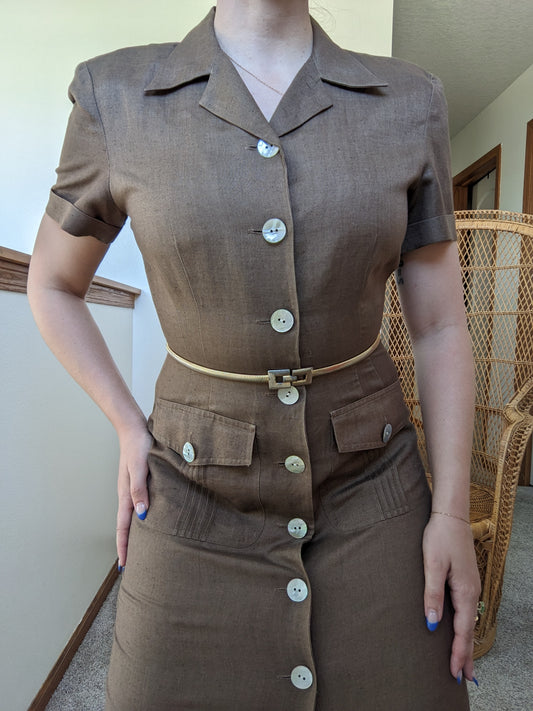 1980s/90s safari dress with mother of pearl buttons Dress Rad Bonnie's Vintage